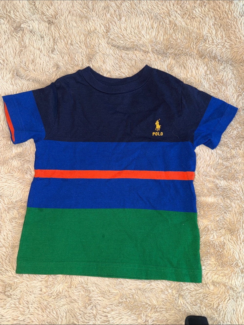 Polo by Ralph Lauren Navy Royal Blue Green Tee with Red Stripe Gold Pony Logo 3t
